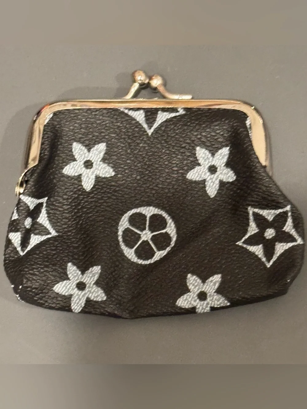 NIP Mini Kiss Lock Coin Purse Black Floral Monogram Print